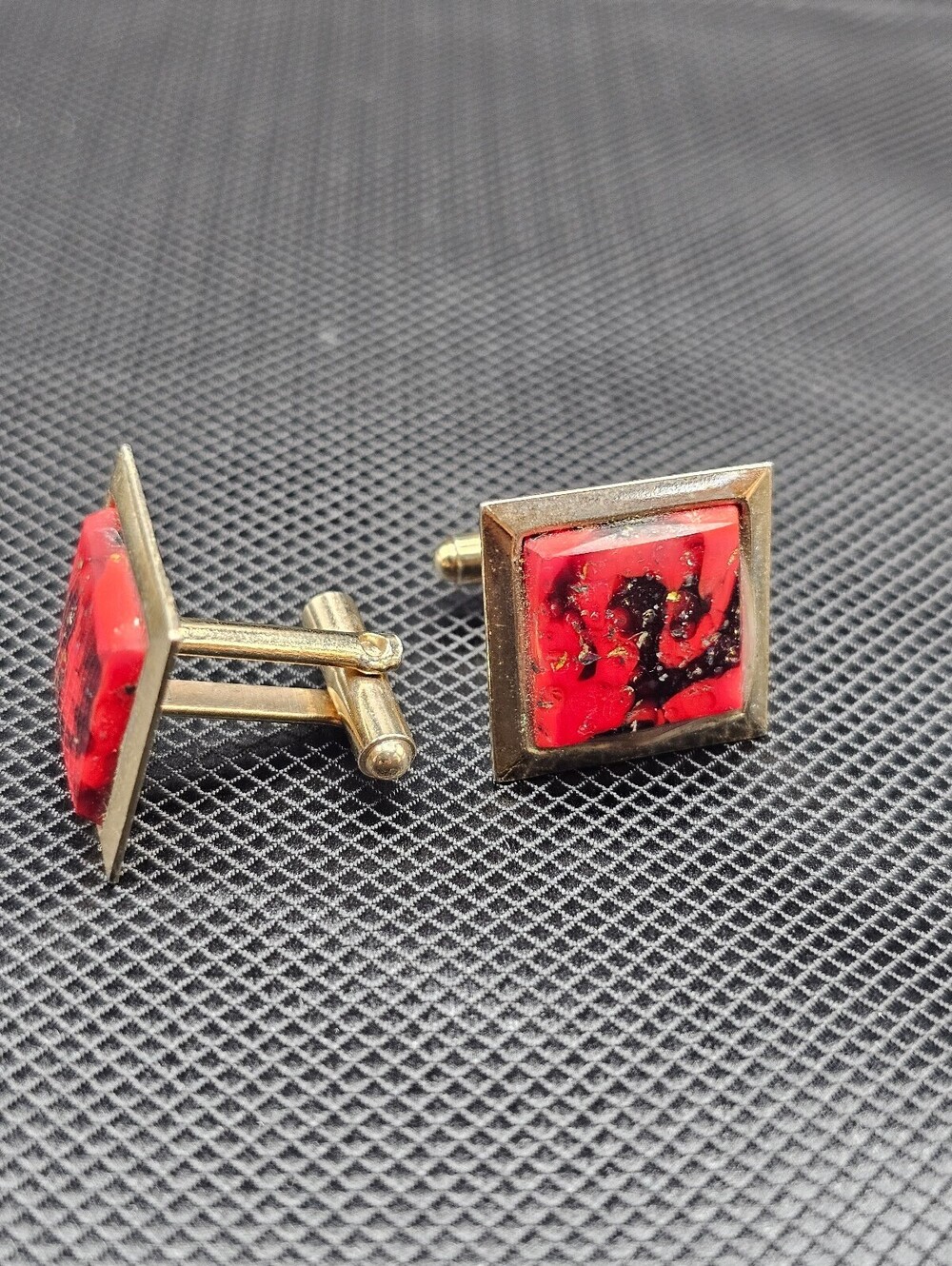 Vintage Red and Gold Square Cufflinks with Floral Design